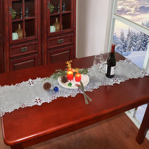 Vista 5 de Simhomsen Caminos de mesa bordados con copos de nieve para Navidad e invierno (plata, 14 x 34 pulgadas)