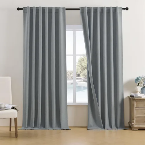 Vista 27 de DUALIFE - Cortinas de lino opacas beige de 54 pulgadas de largo, con pestaña trasera y bolsillo para cortinero, cortinas estrechas para dormitorio
