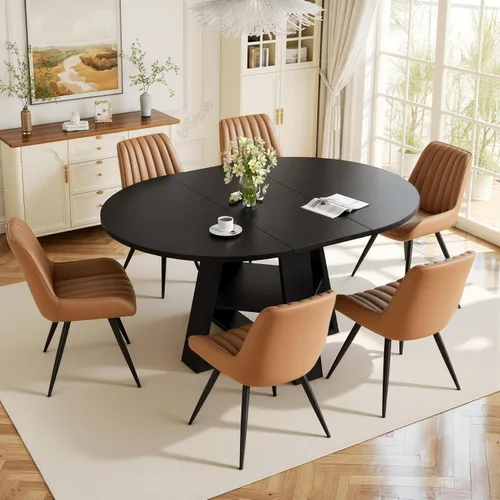 Vista 20 de Aivermel - Juego de mesa de comedor extensible redonda a ovalada para 4 a 6, mesa de cocina de madera con almacenamiento oculto y sillas tapizadas