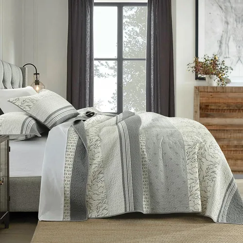 Vista 8 de DDUOXIN Edredón 100% algodón, tamaño Queen, moderno edredón botánico a rayas con 2 fundas de almohada, colcha juego de ropa de cama reversible