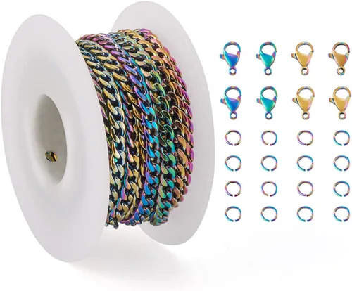 Vista 25 de Cadenas de acero inoxidable 304 de 32.8 pies, cadena dorada sin soldar, cadena de eslabones con carrete de 0.118 pulgadas para hacer pulseras