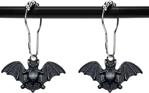 Juego de 12 ganchos para cortina de ducha con diseño de murciélagos, suministros de fiesta de Halloween, decoración de casa encantada, acero