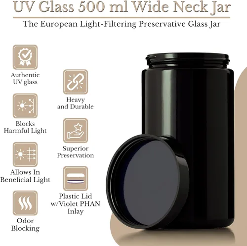 Vista 2 de Tarro de vidrio ultravioleta negro con tapa Recipiente hermético a prueba de olores de 16.9 fl oz de 16 onzas Almacenamiento de hierbas