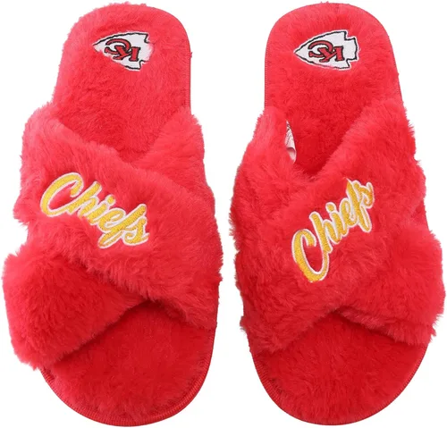 Vista 16 de FOCO Pantuflas deslizantes cruzadas mullidas con logotipo de texto del equipo NFL para mujeres
