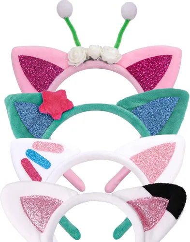 Diademas con orejas de gato, 4 piezas, accesorios para fiesta de cumpleaños de niños, pieza de cabeza de cosplay de franela de dibujos animados,