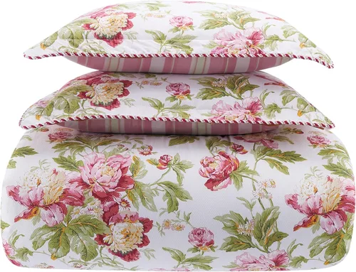 Vista 2 de Waverly Forever Peony - Juego de edredón de 4 piezas, 100% algodón, estampado floral de bayas, tamaño matrimonial/queen, con 2 fundas de almohada