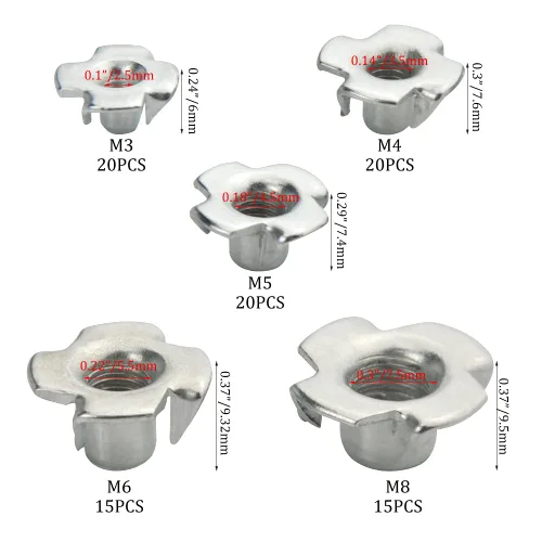 Vista 4 de XINGYHENG 90 piezas M3 M4 M5 M6 M8 T Tuercas de cuatro garras Kit surtido de tuercas de garra de acero al carbono chapado en zinc para carpintería