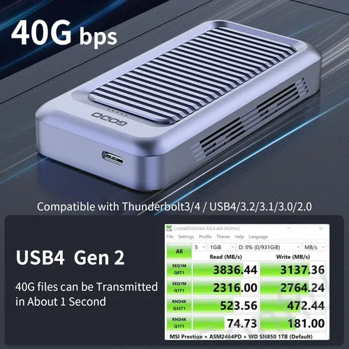 Vista 2 de GODO Carcasa SSD NVMe M.2 de 40 Gbps, carcasa de aluminio tipo C USB4.0, instalación sin herramientas, compatible con SSD tamaño 2230/2242/2260/2280