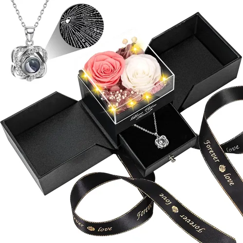 Vista 17 de Collar con diseño de rosa real preservada con corazón con texto en inglés "I Love You", flores eternas, regalos de cumpleaños para mujeres, mamá