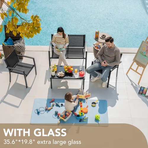 Vista 6 de Devoko - Juego de 4 piezas de muebles de patio al aire libre para jardín, sillas y mesa de café de cristal para patio o terraza, Negro