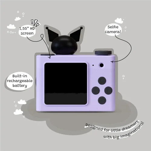 Vista 3 de Cámara digital y videocámara para niños mini Kuromi de Kidamento, tarjeta de memoria de 32 GB, cordón ajustable de silicona suave, libro de momentos