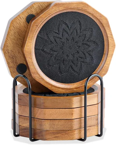 Posavasos de Madera para Bebidas Absorbentes con Borde, 4.3 Pulgadas Posavasos Rústicos de Acacia Negra con Soporte de Feltro para Mesa de Café de