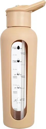 Vista 2 de haelo Botella de agua motivacional de vidrio de 24 onzas con tapa abatible, popote, funda protectora de silicona, asa, reutilizable, sin BPA (ámbar)