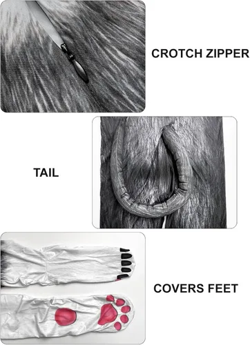 Vista 127 de Disfraz de animal para hombre con estampado de cola grande, overol peludo de elastano para cosplay, fiesta de Halloween