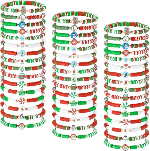 Vista 7 de Jadive 48 piezas de pulseras de Navidad de la amistad a granel, pulseras ajustables coloridas para niños, pulseras elásticas de arcilla, pulseras