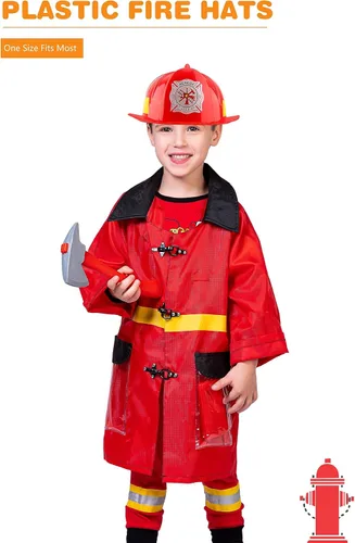 Vista 4 de Casco de bombero para niños, sombreros de plástico de bombero para niños y niñas, disfraz de fiesta de Halloween, 2 piezas