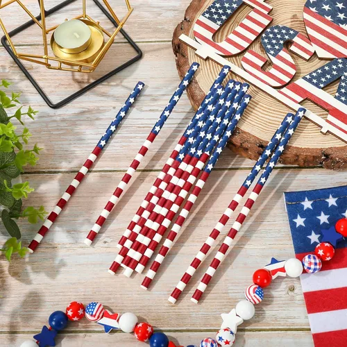 Vista 4 de AnyDesign 200 pajitas de papel patrióticas impresas con la bandera estadounidense, popotes desechables para el 4 de julio, para el Día