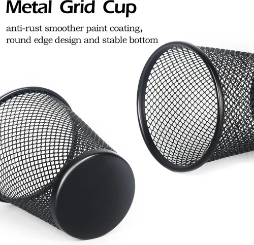 Vista 4 de HappyHapi Mesh Pen Holder 8pcs, Black Pen Holder for Desk, Pencil Holder for Desk, Metal Pencil Cup, Pen Cup for Desk, Mesh Pen Pencil organizer for