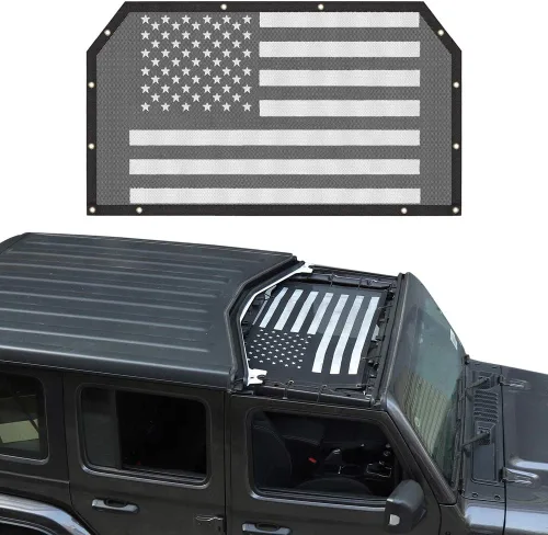 Vista 5 de Parasol de malla con bandera estadounidense, protección UV para Jeep Wrangler JL JLU 2018-2024 y Jeep Gladiator JT 2020-2024