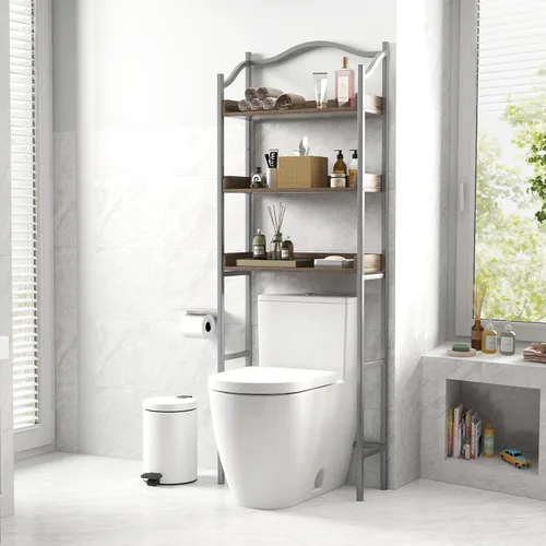 Vista 2 de Giantex Estante de 3 niveles sobre el inodoro, ahorro de espacio de baño independiente con 3 estantes abiertos y marco de metal resistente, estante