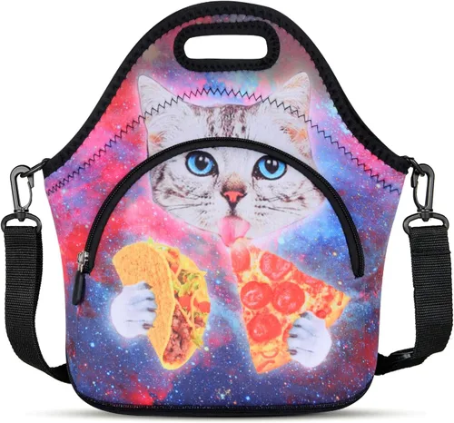 Vista 16 de Violet Mist Bolsas de almuerzo de neopreno con correa para el hombro, bolsas de almuerzo aisladas, lonchera térmica, reutilizable, bolsa bento