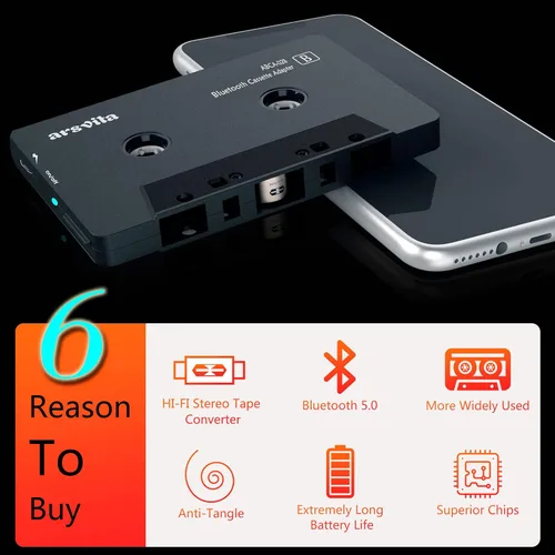 Vista 2 de Arsvita Receptor de casete inalámbrico Bluetooth de audio para coche, reproductor de cinta Bluetooth 5.0 adaptador auxiliar de casete, negro