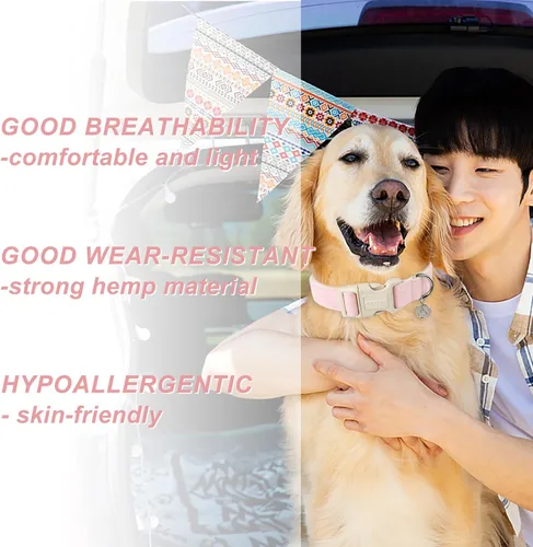 Vista 4 de DOGWONG Collar de algodón y cáñamo para perros, collar rosado resistente ajustable de tela natural suave para mascotas, lindo collar de boda