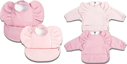 Vista 5 de Baberos con volantes para bebés de 6 a 24 meses, baberos impermeables para atrapar alimentos con bolsillo, baberos a prueba de desorden para bebés