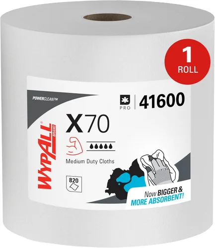 WypAll PowerClean X70 - Toallitas de servicio mediano (41600), Jumbo, toallas de larga duración, color blanco (1 rollo de 870 hojas, 870 hojas en