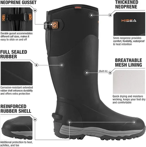 Vista 3 de HISEA Botas de lluvia de goma para hombre, botas de caza aisladas, botas de trabajo de neopreno impermeables para pesca agrícola, 6