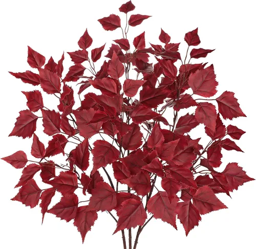 Hollyone 3 hojas de abedul artificiales de otoño con tallos de seda de 33 pulgadas, ramas de hojas de otoño de color burdeos sintético, decoración