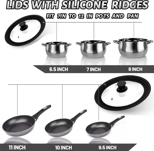 Vista 6 de Lerykin Juego de 2 Tapas de Vidrio Templado - Tapas Universales con Borde de Silicona Resistente al Calor para Ollas, Sartenes y Skillets - Tapas