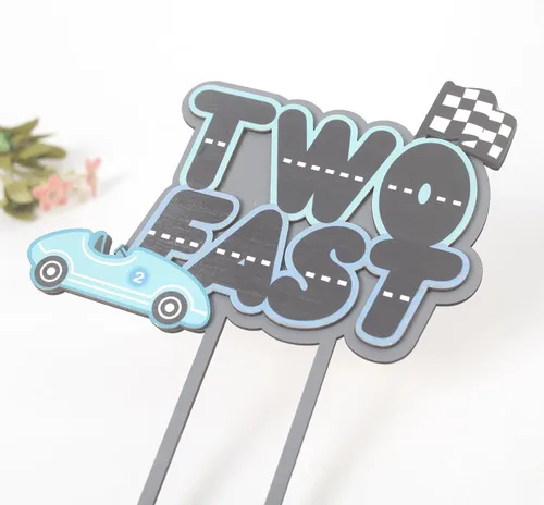 Vista 6 de Decoración para pastel de segundo cumpleaños de auto de carreras, decoración de fiesta temática rápida, decoración de pastel de madera azul y gris