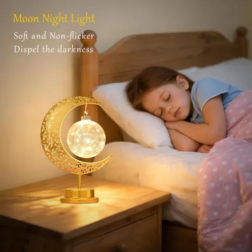 Vista 6 de Lámpara de luna con globo colgante, lámpara de mesa decorativa de luna creciente, funciona con pilas, decoración islámica de metal retro, luz LED