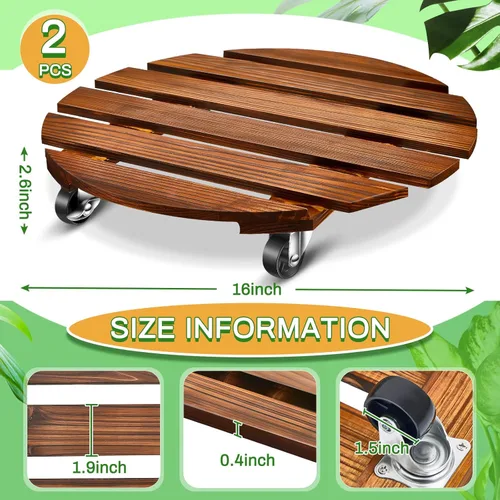 Vista 2 de Taiyin Paquete de 2 soportes de madera para plantas de 16 pulgadas con ruedas bloqueables, rodillo resistente para plantas de 220 libras con ruedas