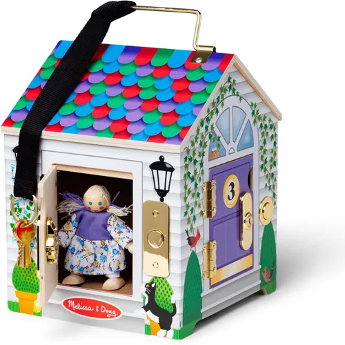 Vista 4 de Melissa & Doug Casa de muñecas de madera con campanilla, para llevar, con sonidos de campanillas, llaves, 4 muñecas de madera que posan