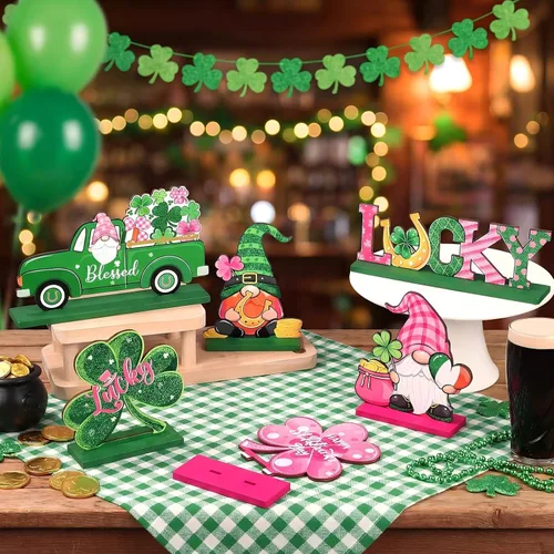 Vista 4 de Tiamon 6 piezas de letrero de mesa del día de San Patricio, decoración de centro de mesa de la suerte irlandesa, letrero de madera de gnomo