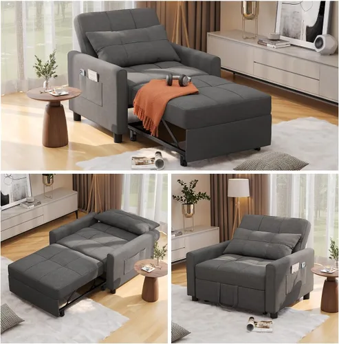 Vista 13 de Aiho - Silla de dormir convertible, sofá cama 3 en 1 con diseño ajustable, almohada y bolsillo - Cama plegable para apartamento (Beige)