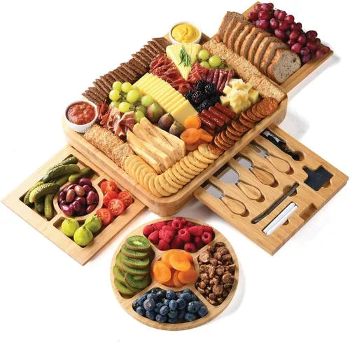 Juego de regalo de tablas de embutidos de bambú, juego de tablas de carne y queso simple con accesorios de tabla de charcutería, regalos del día de