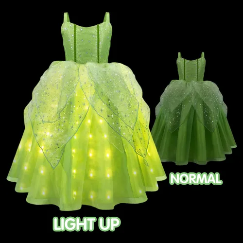 Vista 3 de UPORPOR Vestido de hadas iluminado y alas de hada verde para niñas, vestido de baile de princesa para niños, disfraz de Halloween Tinker Bell