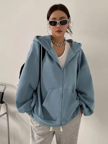 Vista 5 de MAKEMECHIC Sudadera con capucha para mujer, con forro térmico de gran tamaño, con cremallera, manga farol, con capucha