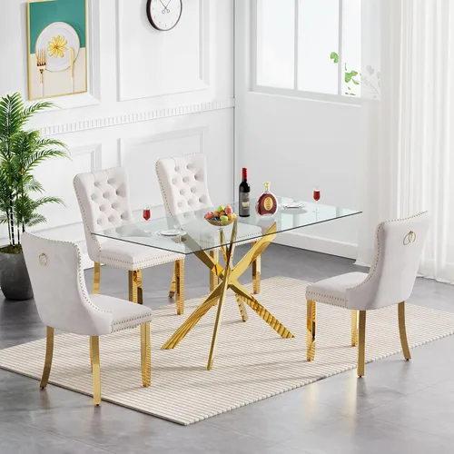 Vista 14 de Juego de 4 mesas de comedor modernas de 36 pulgadas, mesa de comedor redonda de vidrio templado y 4 sillas de comedor de terciopelo beige, mesa
