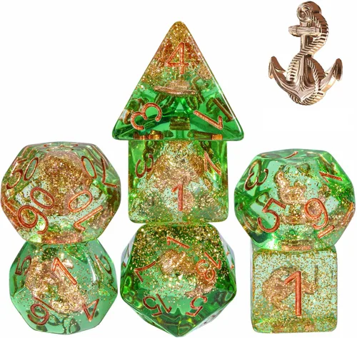 UDIXI - Juego de dados poliédricos de 7 dados D&D con inclusión de ancla, dados DND con lentejuelas para RPG y otros juegos de mesa Océano/Ancla