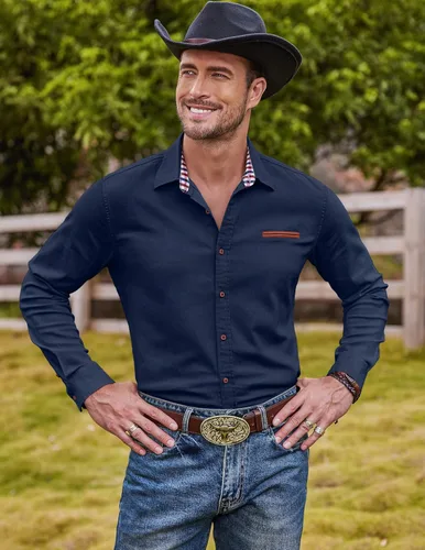 Vista 2 de Coofandy Camisa de vestir, informal, de trabajo, con botones, de manga larga, camisa de jeans, para hombre