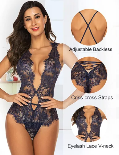 Vista 2 de Avidlove - Body de encaje de una pieza para mujer escote en V profundo minibabydoll sexy de lencería