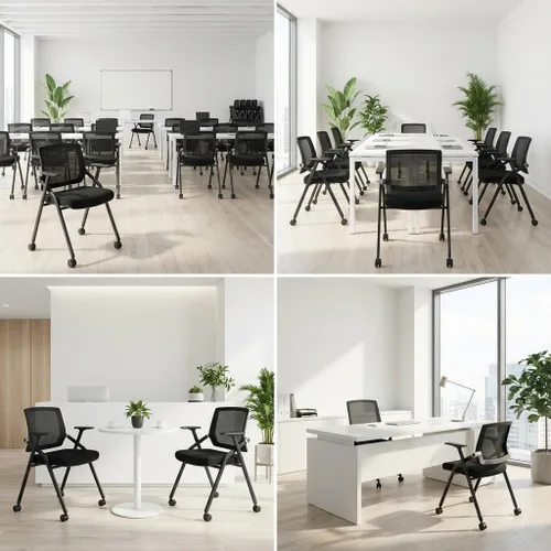 Vista 6 de Paquete de 2 sillas apilables para sala de conferencias con remo, silla plegable de escritorio para oficina, respaldo y brazos de malla