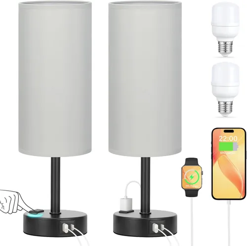 Vista 8 de Juego de 2 lámparas de mesa táctiles para dormitorio en blanco, lámparas de noche regulables de 3 niveles con puertos USB C y A, lámparas de mesita