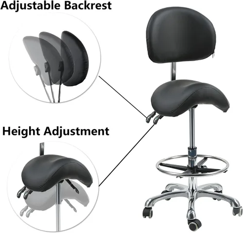 Vista 3 de Silla de montar con soporte de espalda, taburete giratorio ergonómico con ruedas, anillo de pie para higienista dental, técnico de pestañas