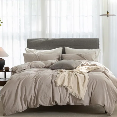 Vista 8 de Juego de funda de edredón individual de algodón lavado al 100% con textura de lino, ropa de cama ultra suave y fresca con cierre de cremallera
