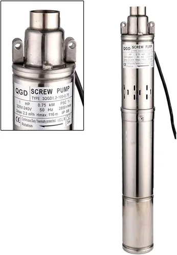 Vista 4 de Bomba sumergible de pozo profundo de 3" DE diámetro exterior, salida de 1" de 0.75KW 1HP, bomba de tornillo de acero inoxidable para uso industrial
